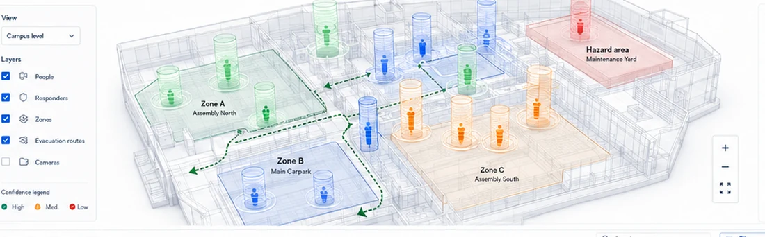 Campus confidence view showing zones, people and evacuation routes in three dimensions